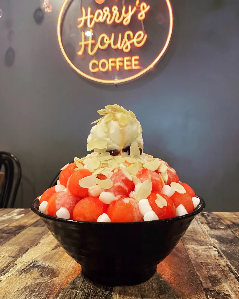 A watermelon bingsu piled high in its black bowl, under our neon Harry's House Coffee sign