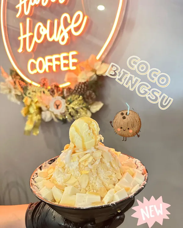 Our Coco Bingsu held up under the neon sign, the week it was new